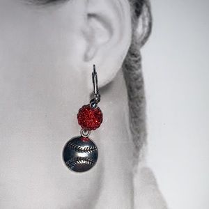 Red Rhinestones Drop Dangle from 304 Stainless Steel Clip Earrings with Baseball